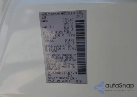 2015 Nissan Pathfinder S/Sv/Sl/Platinum z USA, uszkodzony, nr VIN 5N1AR2MN1FC710779